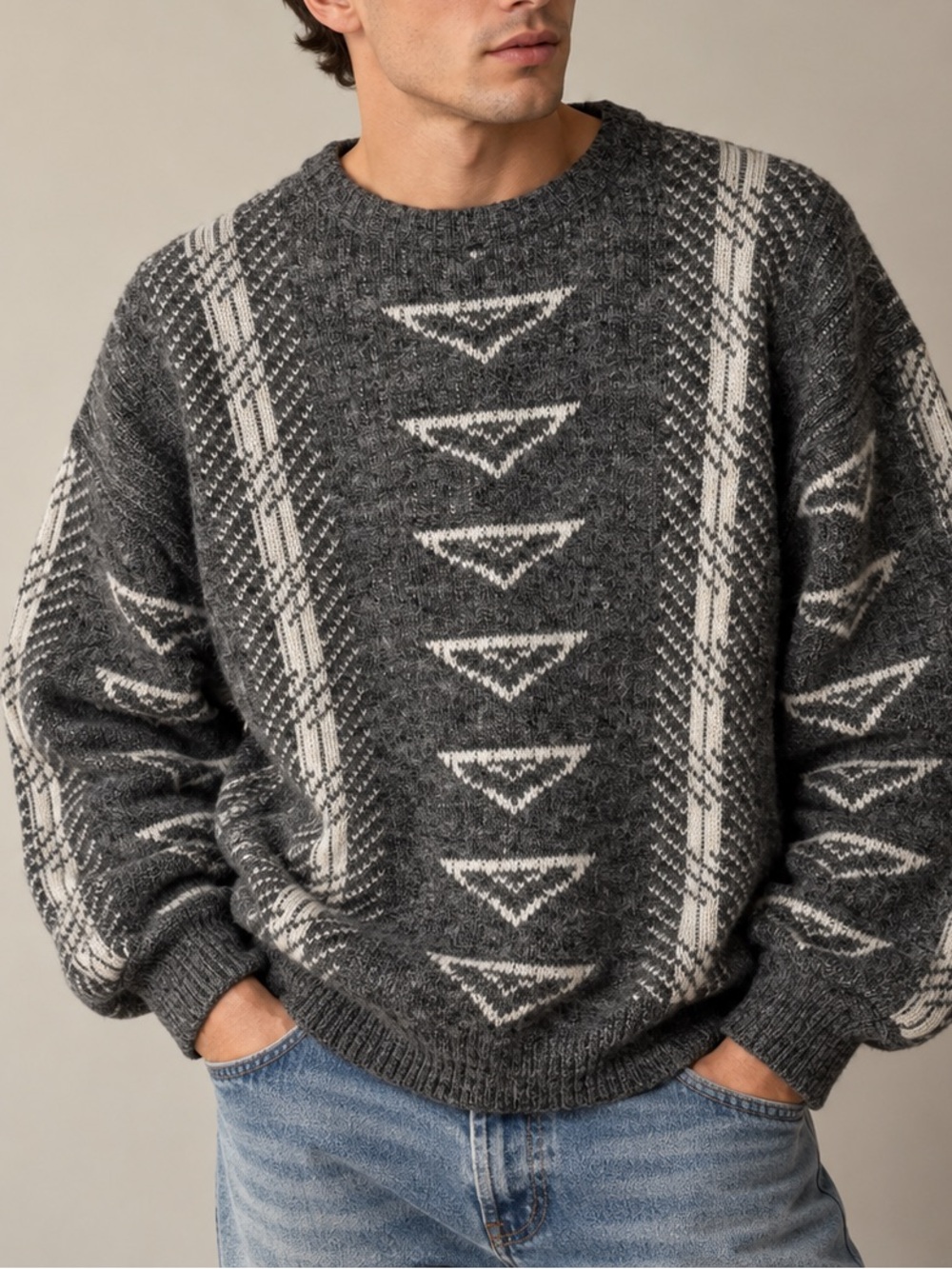 Vintage Colore Italy Wool Blend Geometric Knit Sweater Mens M Gray Made in Italy